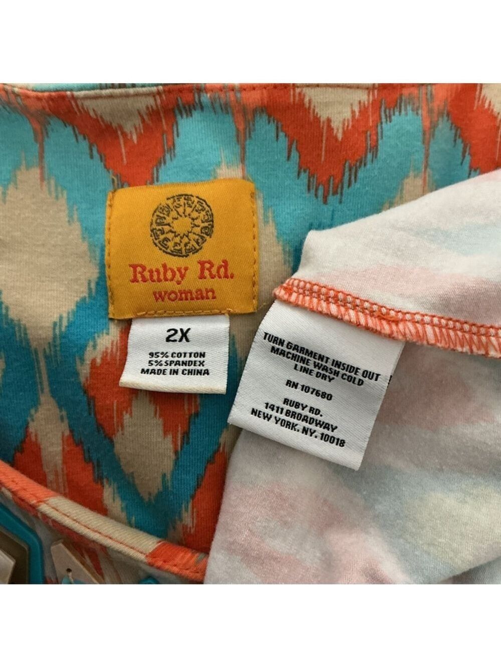Ruby Rd. Woman Ikat Print Embellished V-Neck 3/4 Sleeve Top – size 2X - Picture 3 of 13